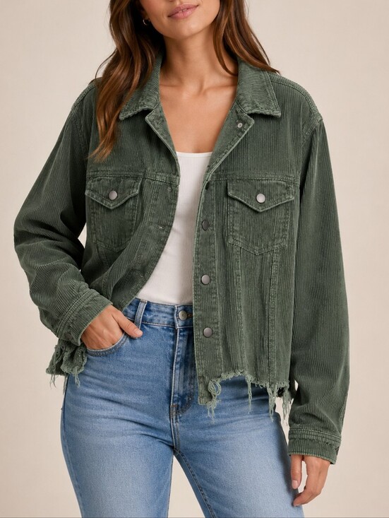 POL Jackets & Blazers - POL Green Corduroy Trucker Jacket Women Medium Cropped Distressed Boho Shacket
